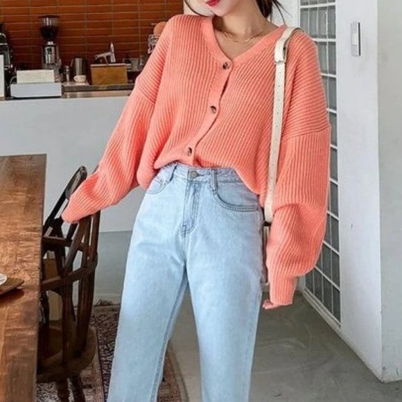 Women's Coral Button-Up Sweater - Picture 1 of 10